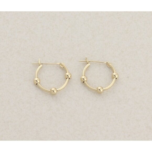 14k Yellow Gold Small Bead Hoop Earrings 5/8" Hoops - Picture 1 of 7